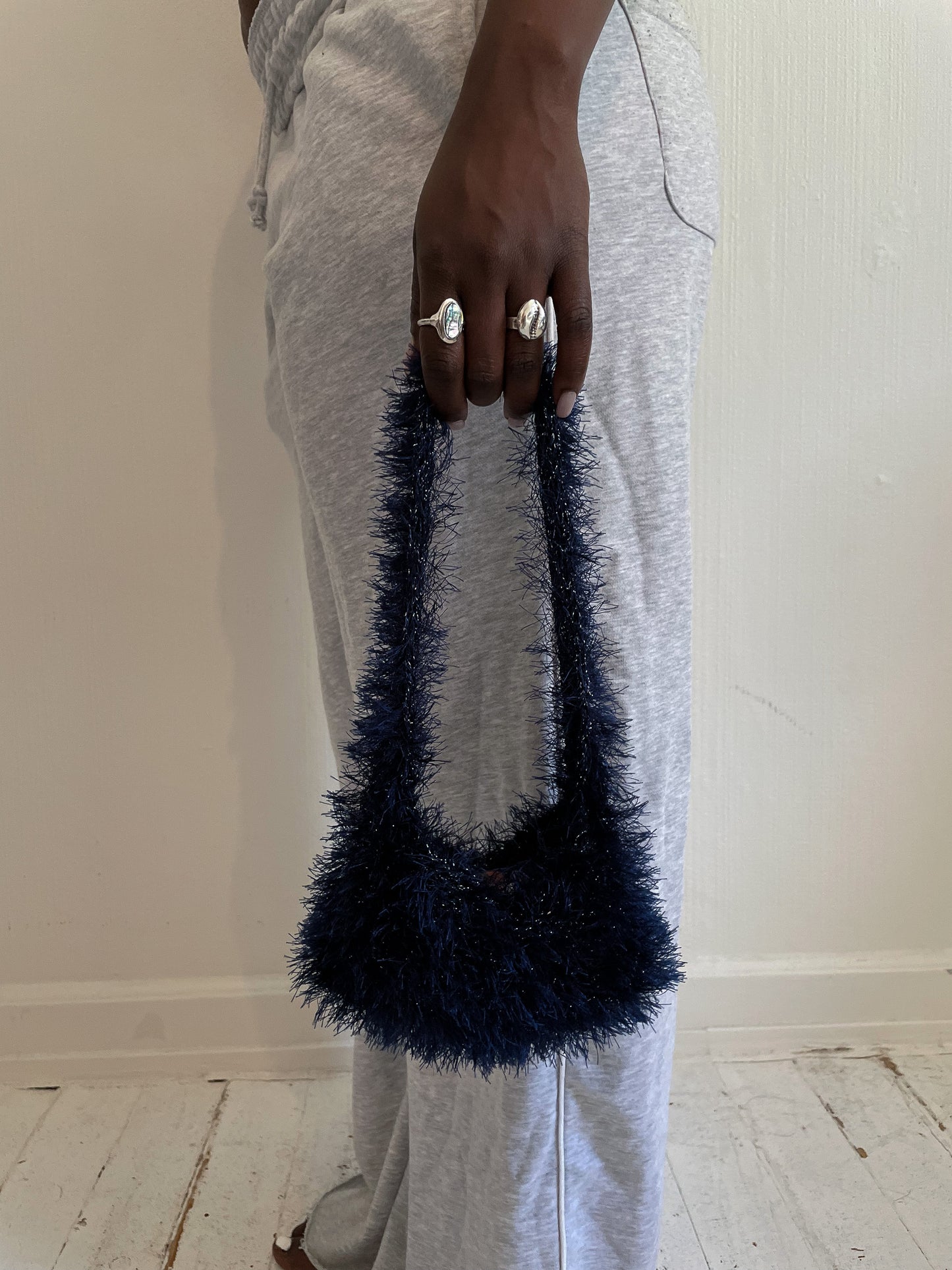 Knitted fluffy mini bag - midnight blue